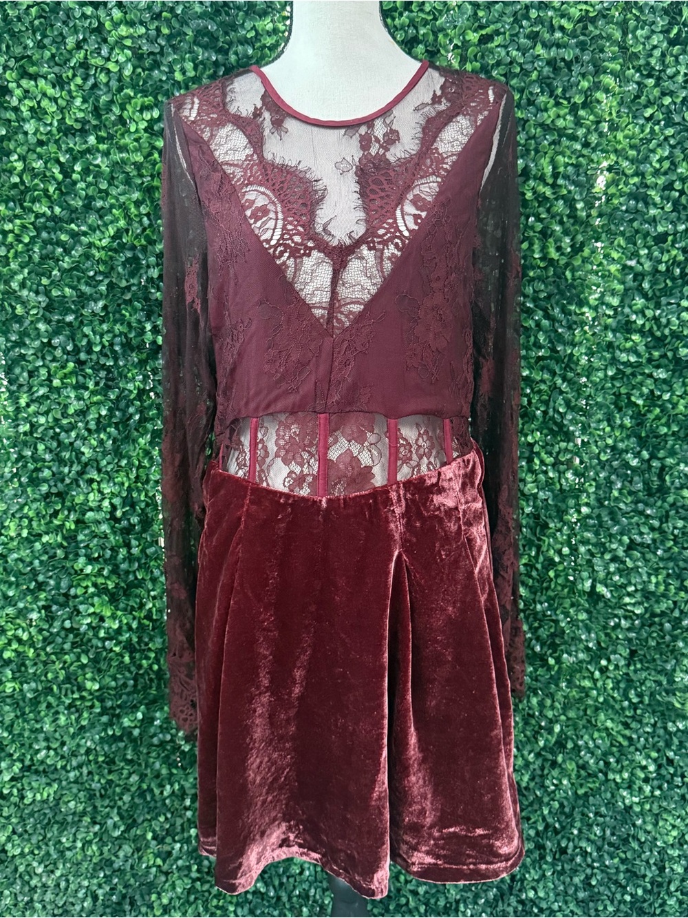Free People Lace Velvet Skater Dress - Burgundy - Picture 3 of 10